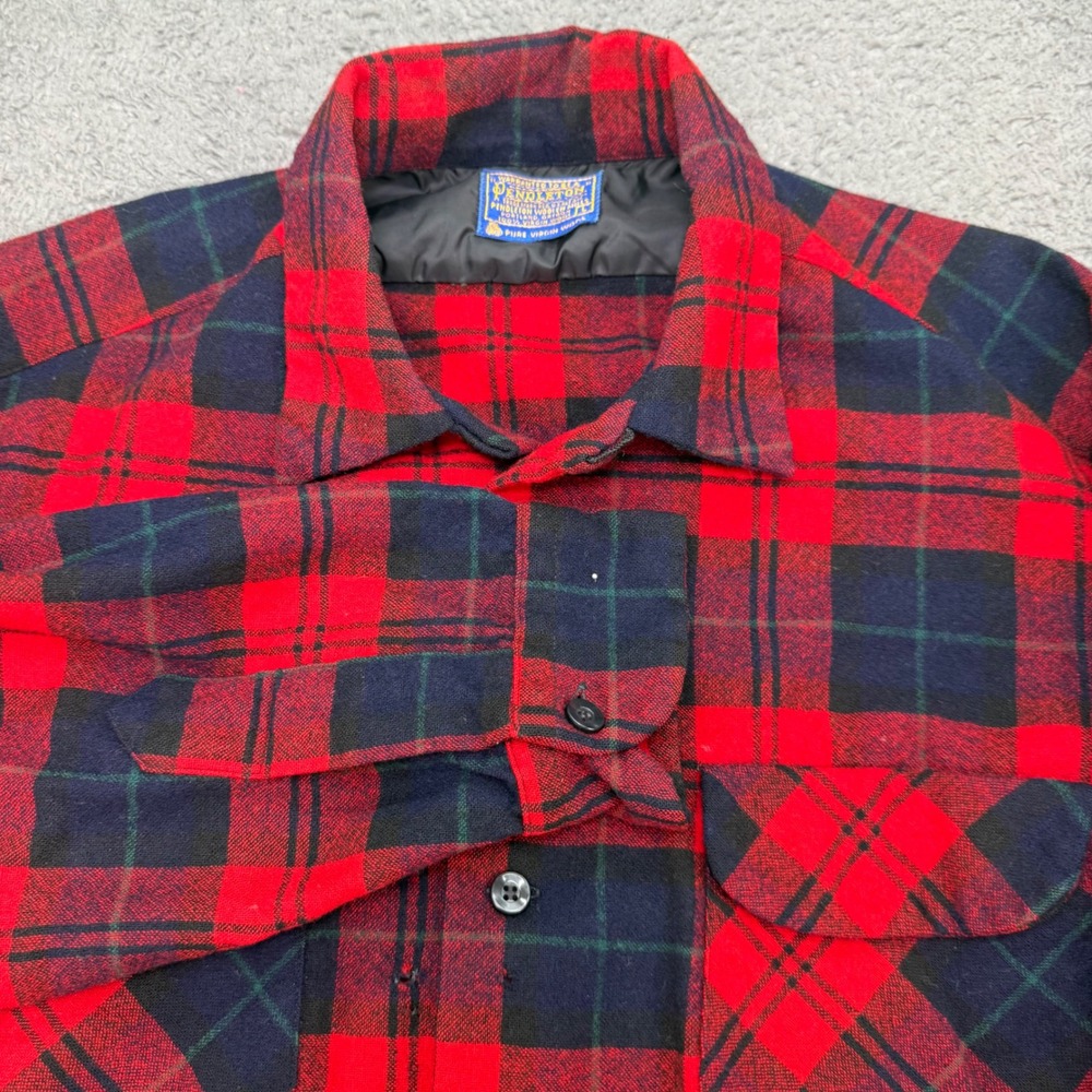 Pendleton Board Shirt Loop Mens L Red Navy Plaid Virgin Wool Flannel Vintage